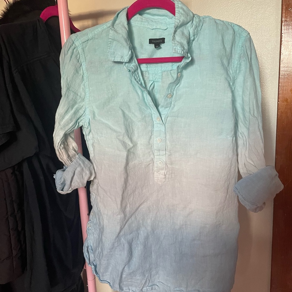 Talbots Ombré Blue and White Linen Half Button Down Shirt
